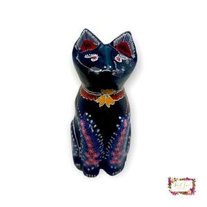 Vintage Lacquer Black Cat Figurine Hand Painted